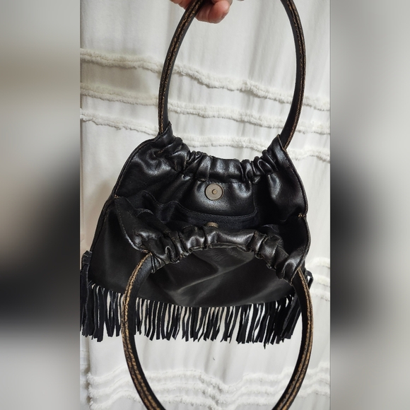 Hobo, Black Fringe Leather Bag with Gold Medallion Accent. Quite firm on price! - Picture 7 of 12